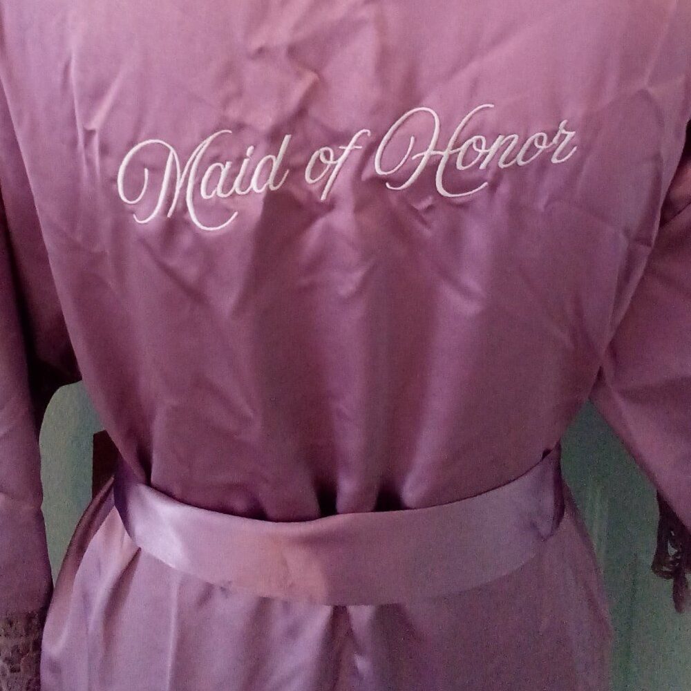 NWT BIRDY GREY "MAID OF HONOR" DARK MAUVE CLAUDINE SATIN LACE ROBE XS/S WEDDING